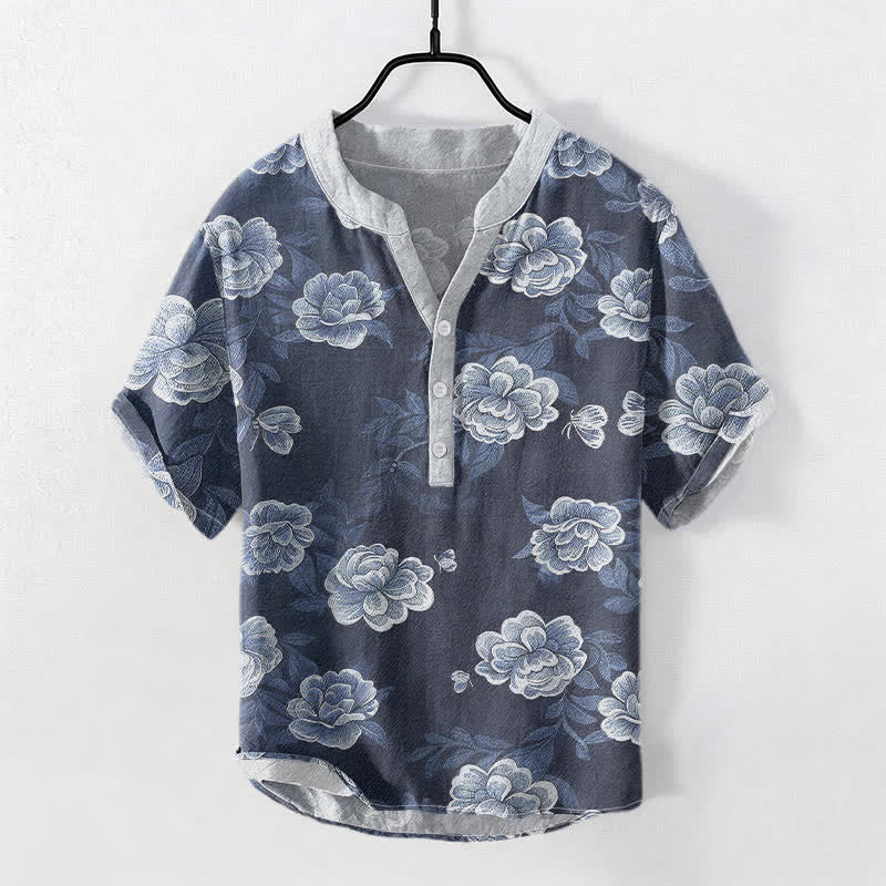 Buddha Stones Baumwollhemd im Vintage-Stil mit Pfingstrosenmuster, Kurzarm, halbe Knopfleiste, Herrenhemd, Kurzarm ... halb geknöpft - SteelBlue - US/UK/AU50, EU60 (5XL) - image 0