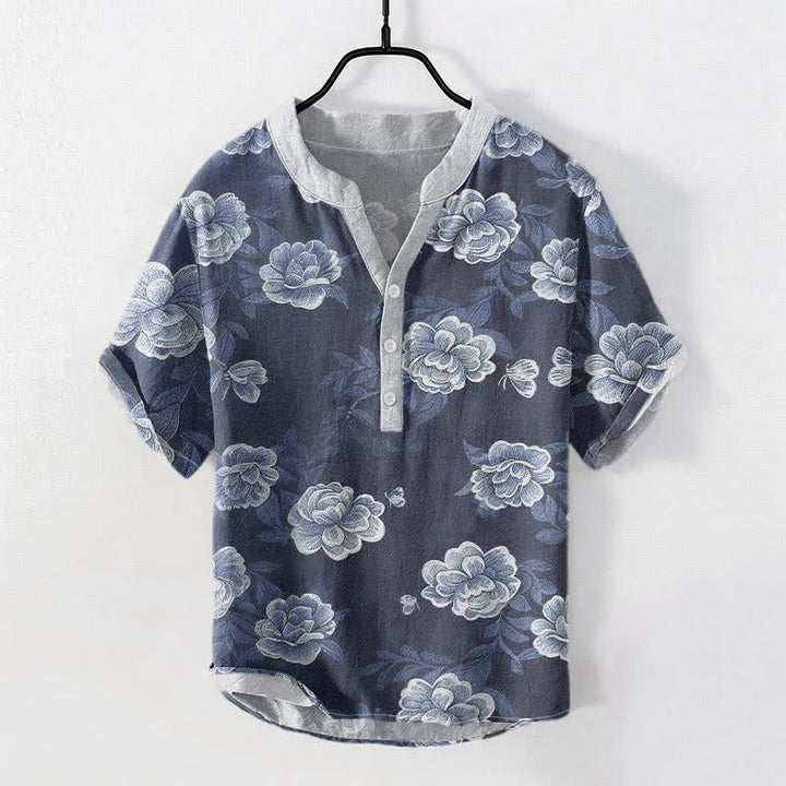 Buddha Stones Baumwollhemd im Vintage-Stil mit Pfingstrosenmuster, Kurzarm, halbe Knopfleiste, Herrenhemd, Kurzarm ... halb geknöpft - SteelBlue - US/UK/AU50, EU60 (5XL) - image 0