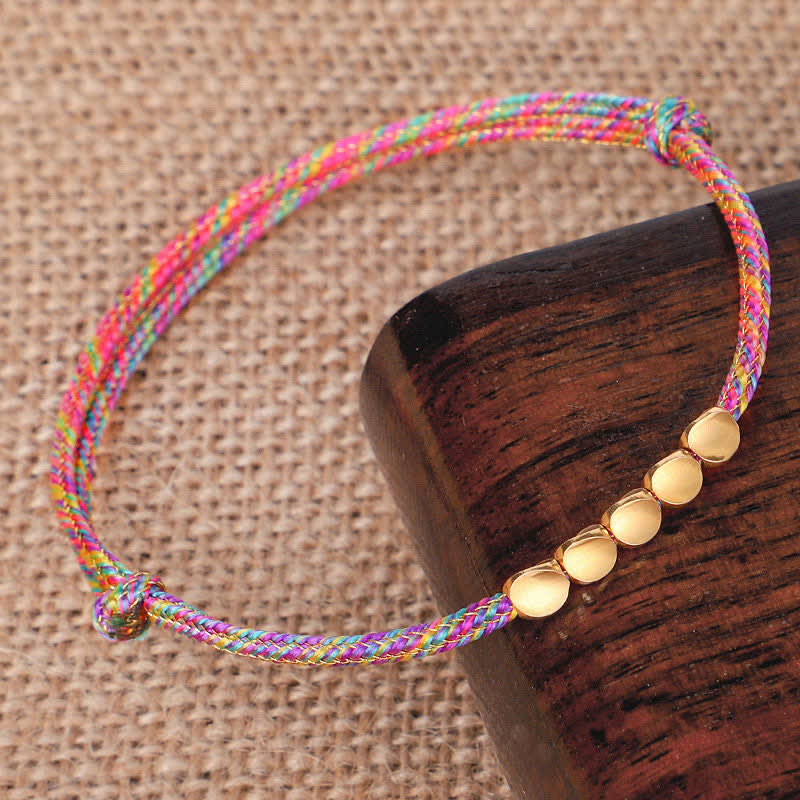 Buddha Stones Regenbogenfarbenes, mehrfarbiges, geflochtenes Armband mit goldenen Kupferperlen - image 2