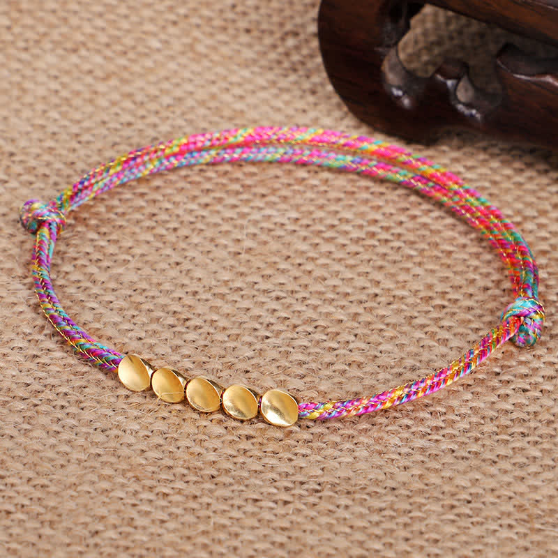 Buddha Stones Regenbogenfarbenes, mehrfarbiges, geflochtenes Armband mit goldenen Kupferperlen - image 1