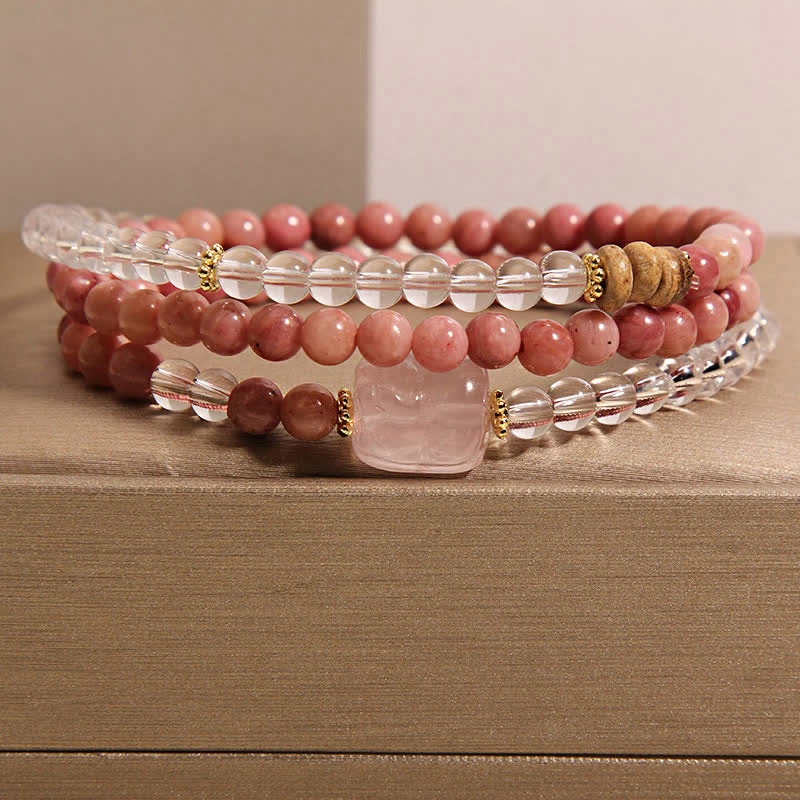 Buddha Stones Rhodonit-Klarquarz-Rosenquarz-PiXiu-Dreifachwickelarmband - Rhodonit (Handgelenkumfang: 17–18 cm) - image 0