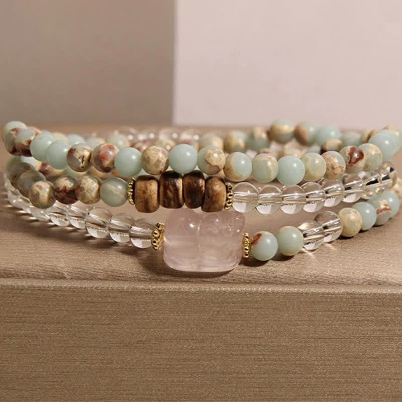 Buddha Stones Rhodonit-Klarquarz-Rosenquarz-PiXiu-Dreifachwickelarmband - Shoushan-Stein (Handgelenkumfang: 17–18 cm) - image 10