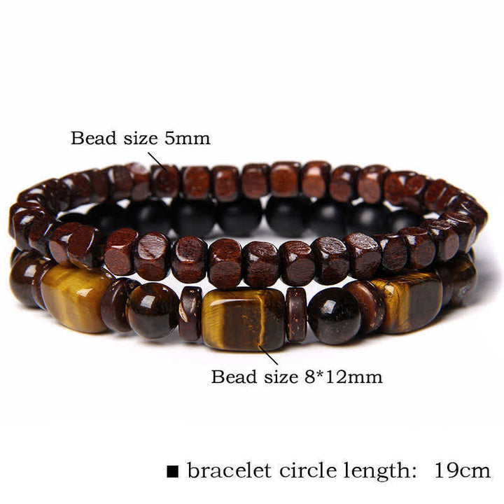 Buddha Stones 2er-Packung Tigerauge-Hämatit-Quadrat-Doppelwickelperlen-Armband - 2 Stück quadratische Tigeraugen-Ohrringe aus Holz (Handgelenkumfang: 16–17 cm) - image 1