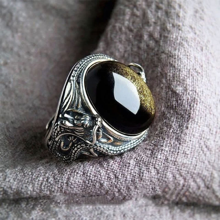 Buddha Stones Verstellbarer Schutzring aus Kupfer und schwarzem Onyx - image 1