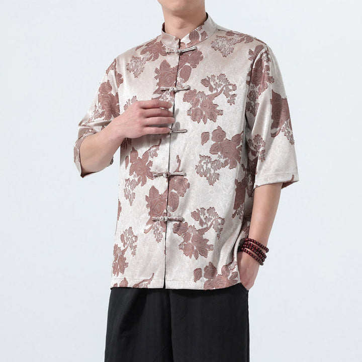 Buddha Stones Sommerliches Herrenhemd im Tang-Stil mit Stehkragen, Froschknopfleiste, floralem Jacquardmuster und Ellbogenlänge. - Silber - US/ UK/AU46, EU56 (5XL) - image 0