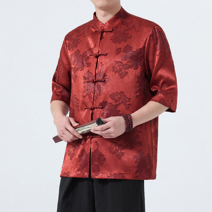 Buddha Stones Sommerliches Herrenhemd im Tang-Stil mit Stehkragen, Froschknopfleiste, floralem Jacquardmuster und Ellbogenlänge. - Feuerfestziegel - US/ UK/AU46, EU56 (5XL) - image 21