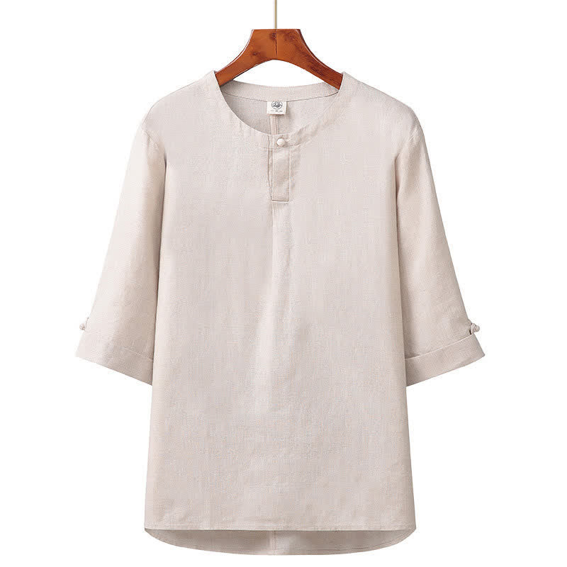 Buddha Stones Minimalistisches Herrenhemd aus Leinen mit Knopfleiste und Ellbogenlänge für Frühling und Sommer – ideal für Frühling und Sommer. - Beige - US/ UK/AU42, EU52 (3XL) - image 0