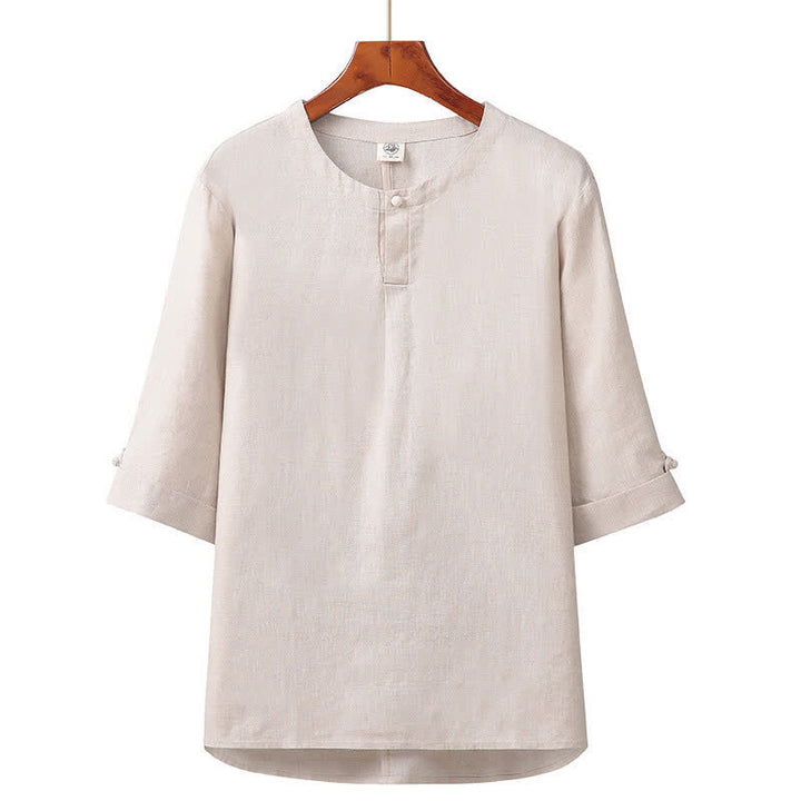 Buddha Stones Minimalistisches Herrenhemd aus Leinen mit Knopfleiste und Ellbogenlänge für Frühling und Sommer – ideal für Frühling und Sommer. - Beige - US/ UK/AU42, EU52 (3XL) - image 0