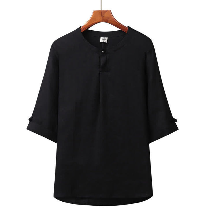 Buddha Stones Minimalistisches Herrenhemd aus Leinen mit Knopfleiste und Ellbogenlänge für Frühling und Sommer – ideal für Frühling und Sommer. - Schwarz - US/ UK/AU42, EU52 (3XL) - image 6