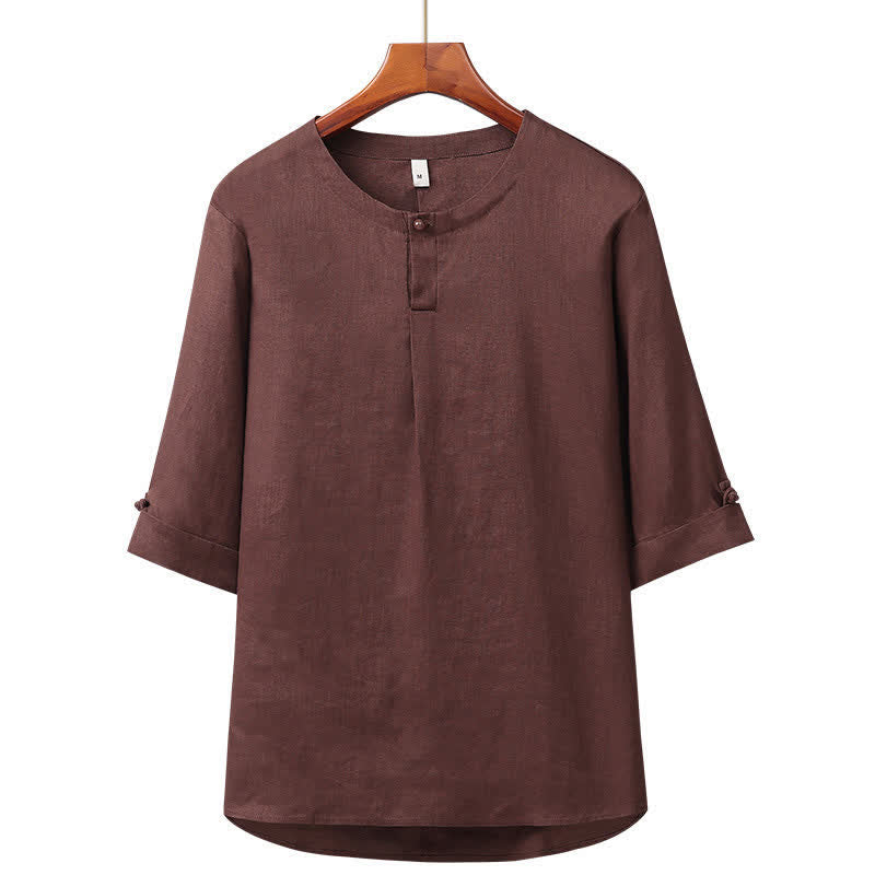 Buddha Stones Minimalistisches Herrenhemd aus Leinen mit Knopfleiste und Ellbogenlänge für Frühling und Sommer – ideal für Frühling und Sommer. - Sattelbraun - US/ UK/AU42, EU52 (3XL) - image 7