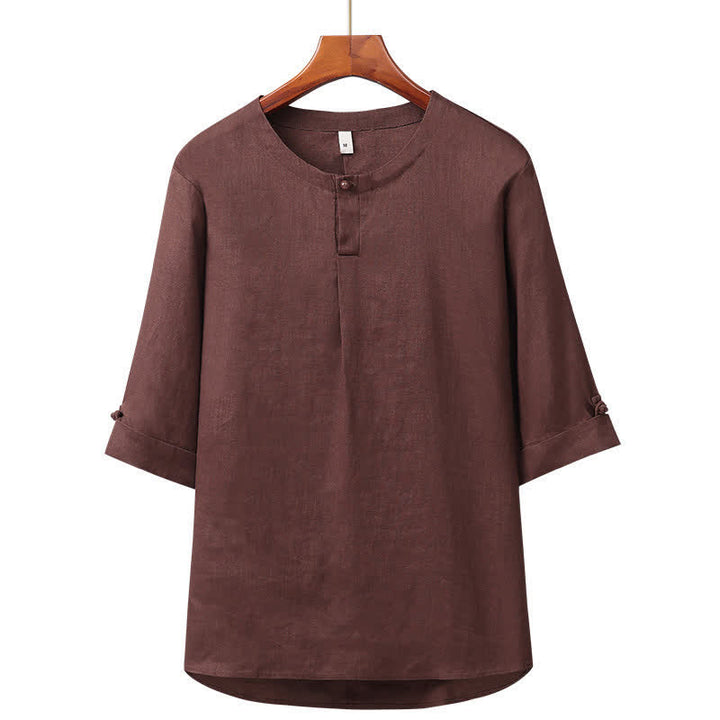 Buddha Stones Minimalistisches Herrenhemd aus Leinen mit Knopfleiste und Ellbogenlänge für Frühling und Sommer – ideal für Frühling und Sommer. - Sattelbraun - US/ UK/AU42, EU52 (3XL) - image 7