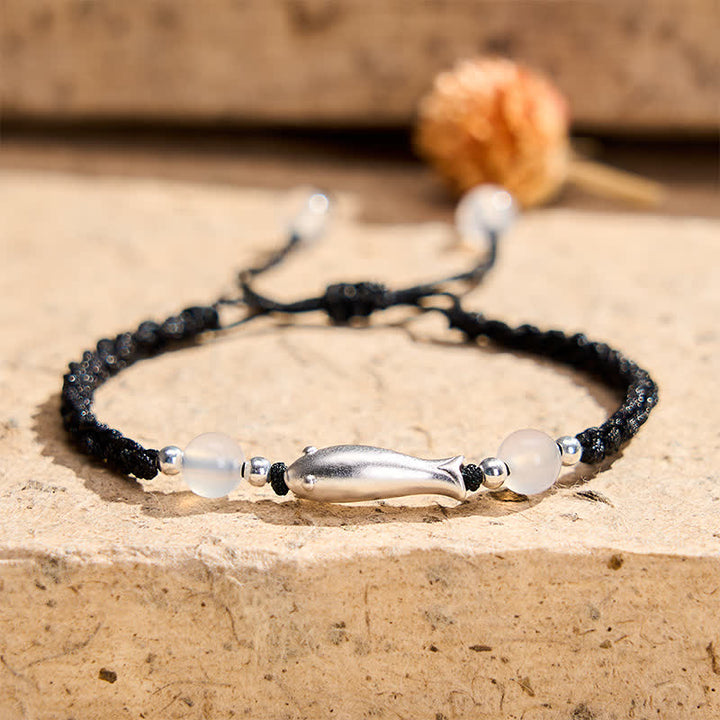 Buddha Stones Armband aus 999er Sterlingsilber mit Koi-Karpfen und weißem Achat, umwickelt mit geflochtenem Seil - Koi-Karpfen (Handgelenkumfang 14-18 cm) - 999 Sterlingsilber - image 0