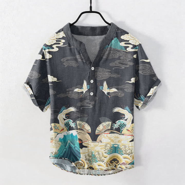 Buddha Stones Baumwollhemd für Herren mit Kranich-, Wellen- und Wolkenmuster, Kurzarm, halbe Knopfleiste - DimGray - US/ UK/AU50, EU60 (5XL) - image 0