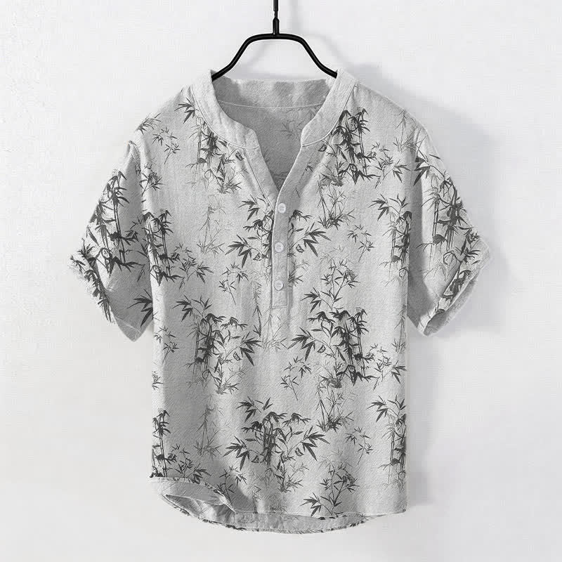 Buddha Stones Kurzarmhemd aus Baumwolle mit Bambusblattmuster für Herren, halb geknöpft, kurzärmelig, mit halber Knopfleiste - Gainsboro - US/ UK/AU50, EU60 (5XL) - image 0