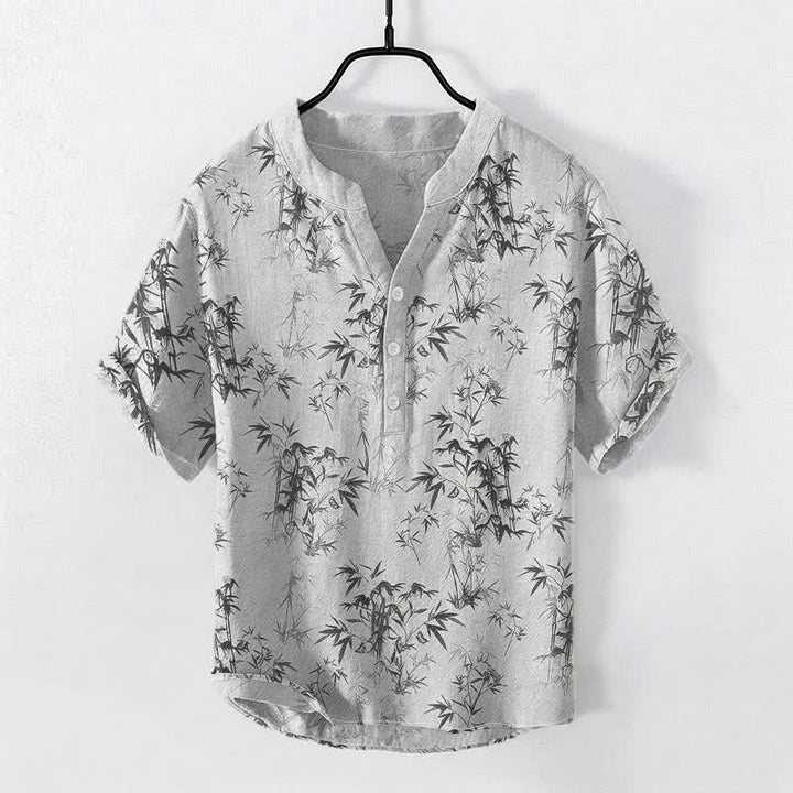 Buddha Stones Kurzarmhemd aus Baumwolle mit Bambusblattmuster für Herren, halb geknöpft, kurzärmelig, mit halber Knopfleiste - Gainsboro - US/ UK/AU50, EU60 (5XL) - image 0