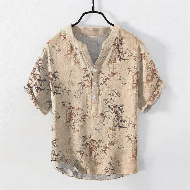 Buddha Stones Kurzarmhemd aus Baumwolle mit Bambusblattmuster für Herren, halb geknöpft, kurzärmelig, mit halber Knopfleiste - Weizen - US/ UK/AU50, EU60 (5XL) - image 3
