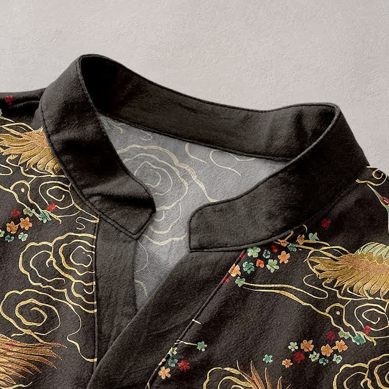 Buddha Stones Baumwollhemd für Herren, Kurzarm, halbe Knopfleiste, mit goldenem Kranich- und Wolkenmuster - image 2