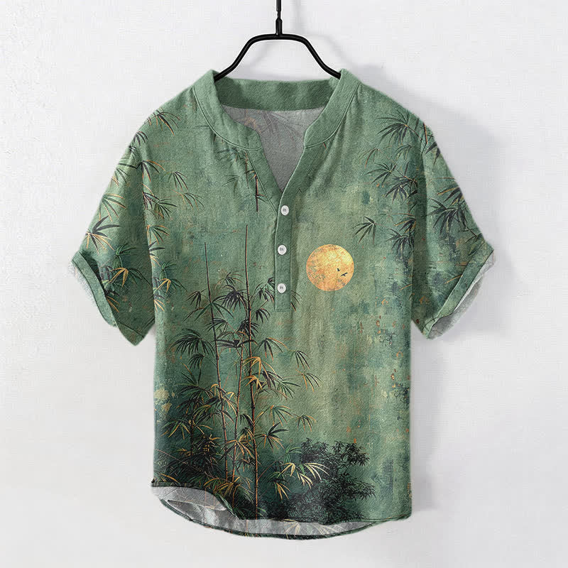 Buddha Stones Kurzarm-Herrenhemd aus Baumwolle mit Bambusmuster und goldenem Mondmotiv, halb geknöpft - SeaGreen - US/UK/AU50, EU60 (5XL) - image 0