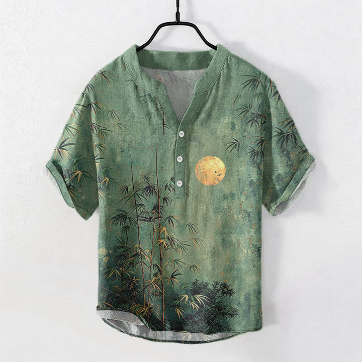 Buddha Stones Kurzarm-Herrenhemd aus Baumwolle mit Bambusmuster und goldenem Mondmotiv, halb geknöpft - SeaGreen - US/UK/AU50, EU60 (5XL) - image 0