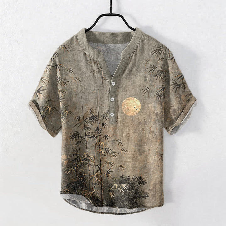 Buddha Stones Kurzarm-Herrenhemd aus Baumwolle mit Bambusmuster und goldenem Mondmotiv, halb geknöpft - Dunkelgrau - US/UK/AU50, EU60 (5XL) - image 5