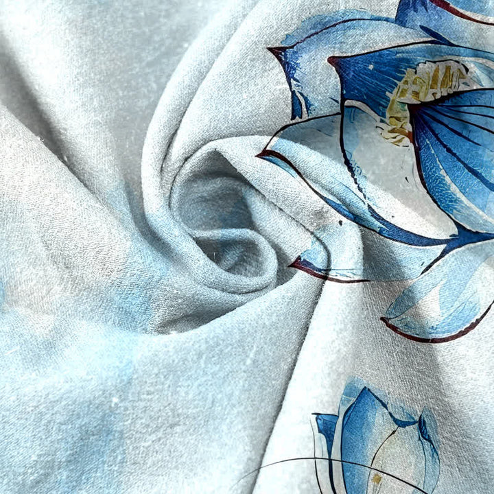 Buddha Stones Damenhose aus reiner Baumwolle mit Aquarell-Lotusmuster, elastischem Bund und Taschen - image 2