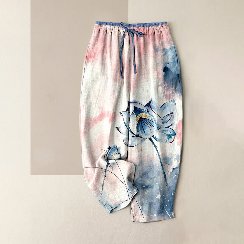 Buddha Stones Damenhose aus reiner Baumwolle mit Aquarell-Lotusmuster, elastischem Bund und Taschen - Elfenbein - US16, UK/AU20, EU48 (3XL) - image 3