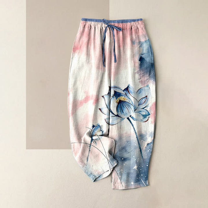 Buddha Stones Damenhose aus reiner Baumwolle mit Aquarell-Lotusmuster, elastischem Bund und Taschen - Elfenbein - US16, UK/AU20, EU48 (3XL) - image 3