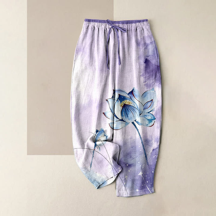 Buddha Stones Damenhose aus reiner Baumwolle mit Aquarell-Lotusmuster, elastischem Bund und Taschen - Lavendel - US16, UK/AU20, EU48 (3XL) - image 4