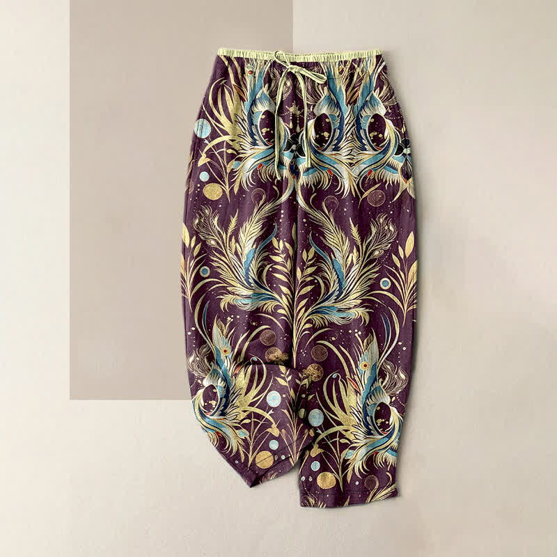 Buddha Stones Damenhose aus reiner Baumwolle mit Pfauenfeder-Punktmuster, elastischem Bund und Taschen - Dunkelviolett - US16, UK/AU20, EU48 (3XL) - image 0