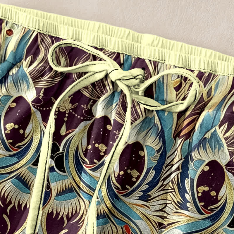 Buddha Stones Damenhose aus reiner Baumwolle mit Pfauenfeder-Punktmuster, elastischem Bund und Taschen - image 1