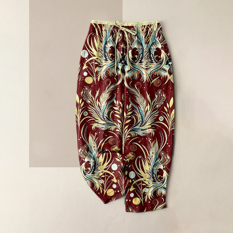 Buddha Stones Damenhose aus reiner Baumwolle mit Pfauenfeder-Punktmuster, elastischem Bund und Taschen - Kastanienbraun - US16, UK/AU20, EU48 (3XL) - image 4