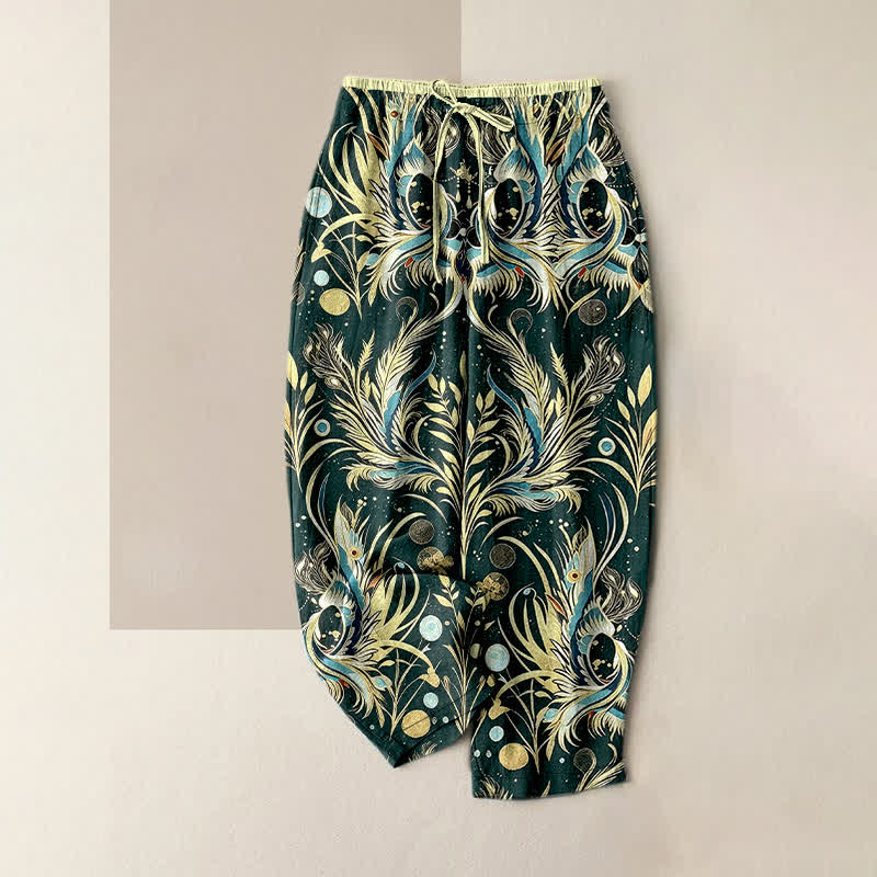Buddha Stones Damenhose aus reiner Baumwolle mit Pfauenfeder-Punktmuster, elastischem Bund und Taschen - Dunkelgrün - US16, UK/AU20, EU48 (3XL) - image 5