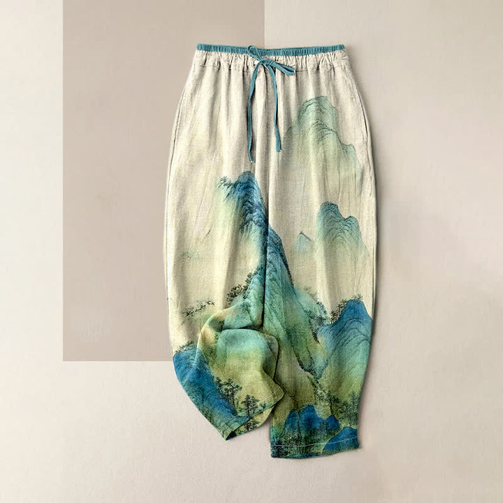 Buddha Stones Damenhose aus reiner Baumwolle mit Bergmuster, elastischem Bund und Taschen, gewaschen mit Tintenwäsche - Antikweiß - US16, UK/AU20, EU48 (3XL) - image 0