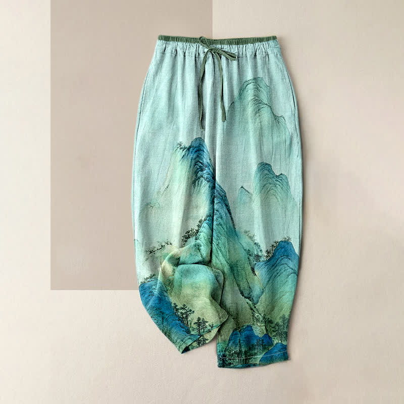 Buddha Stones Damenhose aus reiner Baumwolle mit Bergmuster, elastischem Bund und Taschen, gewaschen mit Tintenwäsche - Aquamarin - US16, UK/AU20, EU48 (3XL) - image 3