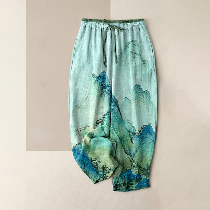 Buddha Stones Damenhose aus reiner Baumwolle mit Bergmuster, elastischem Bund und Taschen, gewaschen mit Tintenwäsche - Aquamarin - US16, UK/AU20, EU48 (3XL) - image 3