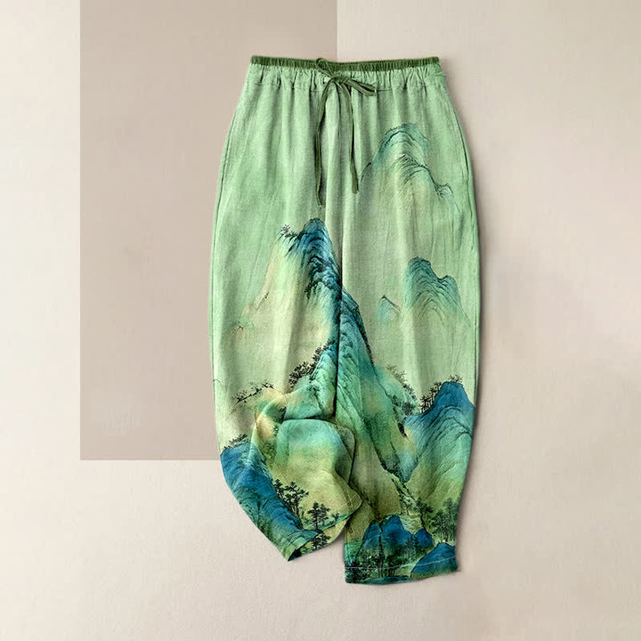 Buddha Stones Damenhose aus reiner Baumwolle mit Bergmuster, elastischem Bund und Taschen, gewaschen mit Tintenwäsche - Hellgrün - US16, UK/AU20, EU48 (3XL) - image 4