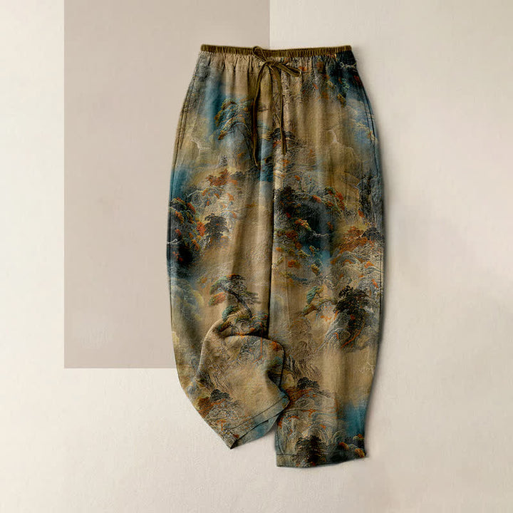 Buddha Stones Damenhose aus Baumwolle mit Berglandschaftsmuster, elastischem Bund und Taschen - Bräunen - US16, UK/AU20, EU48 (3XL) - image 0
