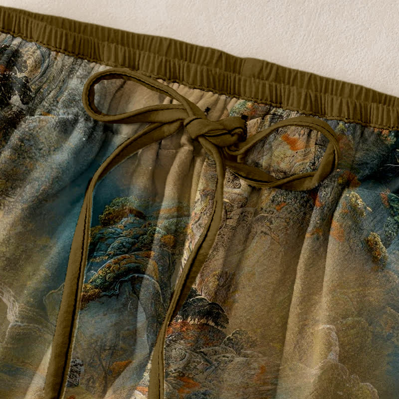 Buddha Stones Damenhose aus Baumwolle mit Berglandschaftsmuster, elastischem Bund und Taschen - image 1