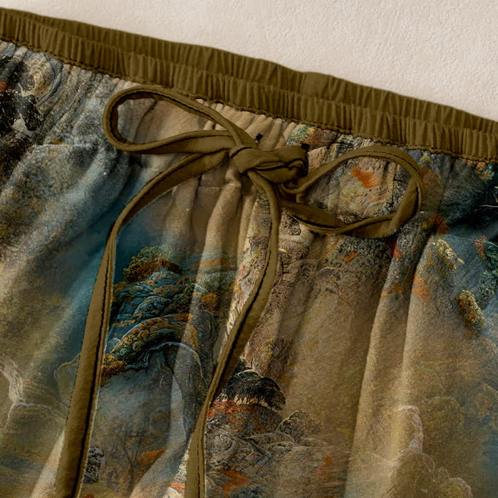 Buddha Stones Damenhose aus Baumwolle mit Berglandschaftsmuster, elastischem Bund und Taschen - image 1