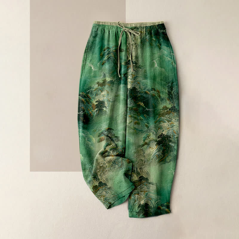 Buddha Stones Damenhose aus Baumwolle mit Berglandschaftsmuster, elastischem Bund und Taschen - SeaGreen - US16, UK/AU20, EU48 (3XL) - image 4