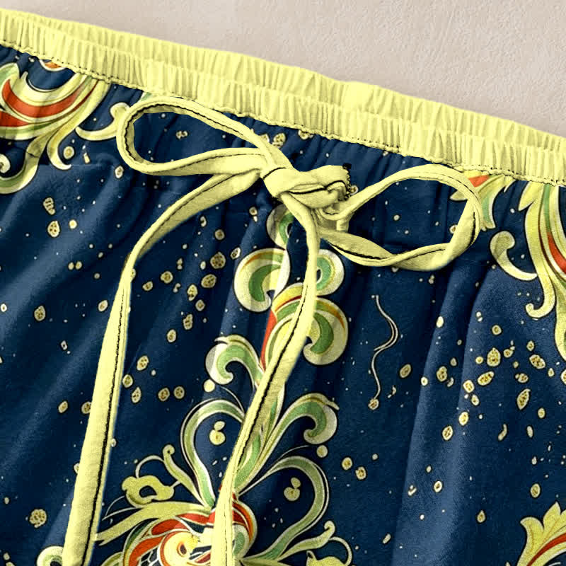 Buddha Stones Damenhose aus reiner Baumwolle mit lebhaftem Paisley-Blumenmuster, elastischem Bund und Taschen - image 1