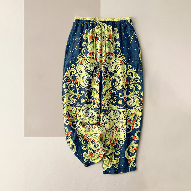 Buddha Stones Damenhose aus reiner Baumwolle mit lebhaftem Paisley-Blumenmuster, elastischem Bund und Taschen - Marine - US16, UK/AU20, EU48 (3XL) - image 0