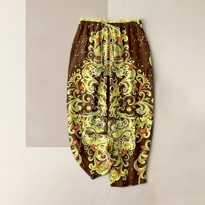 Buddha Stones Damenhose aus reiner Baumwolle mit lebhaftem Paisley-Blumenmuster, elastischem Bund und Taschen - Sattelbraun - US16, UK/AU20, EU48 (3XL) - image 4