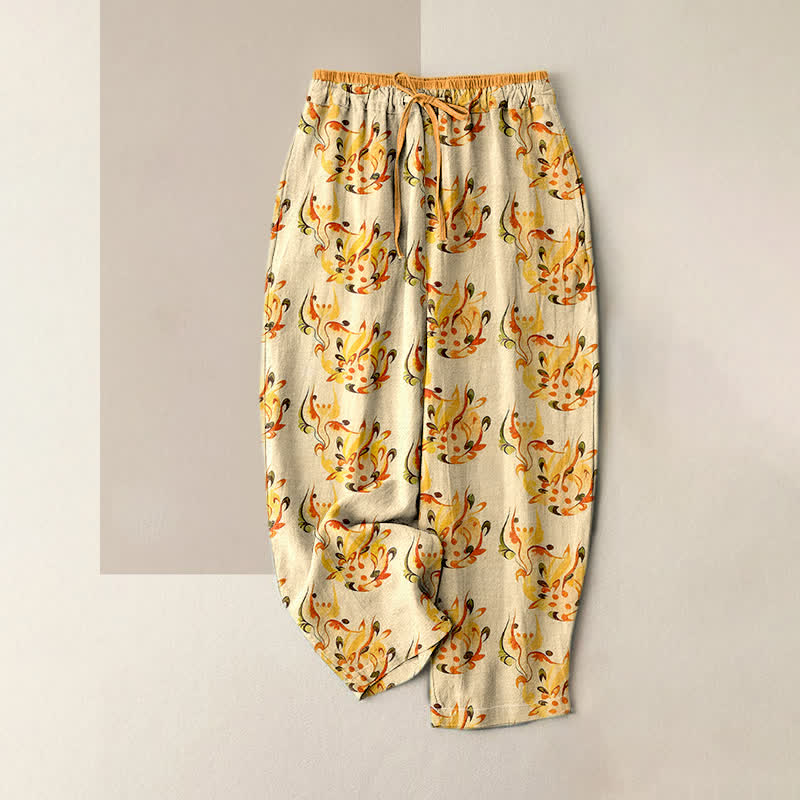 Buddha Stones Damenhose aus reiner Baumwolle mit abstraktem, sonnigem Blumenmuster, elastischem Bund und Taschen - Blassgoldenrode - US16, UK/AU20, EU48 (3XL) - image 0