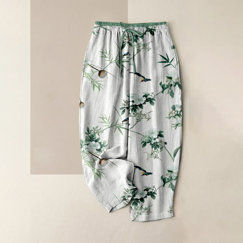 Buddha Stones Damenhose aus reiner Baumwolle mit Aquarellmuster aus Bambus, Blumen und Vögeln, elastischem Bund und Taschen - Weiß - US16, UK/AU20, EU48 (3XL) - image 0