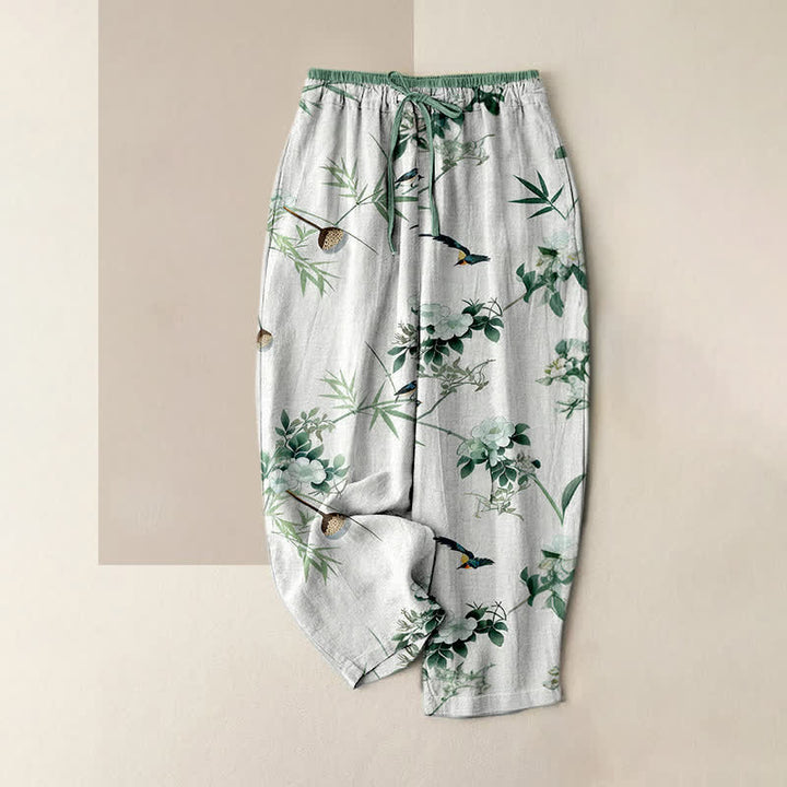 Buddha Stones Damenhose aus reiner Baumwolle mit Aquarellmuster aus Bambus, Blumen und Vögeln, elastischem Bund und Taschen - Weiß - US16, UK/AU20, EU48 (3XL) - image 0
