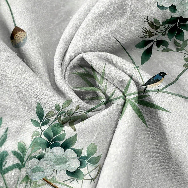 Buddha Stones Damenhose aus reiner Baumwolle mit Aquarellmuster aus Bambus, Blumen und Vögeln, elastischem Bund und Taschen - image 2