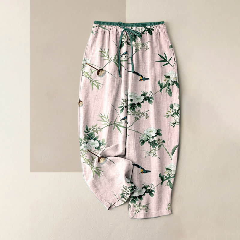 Buddha Stones Damenhose aus reiner Baumwolle mit Aquarellmuster aus Bambus, Blumen und Vögeln, elastischem Bund und Taschen - Hellrosa - US16, UK/AU20, EU48 (3XL) - image 3