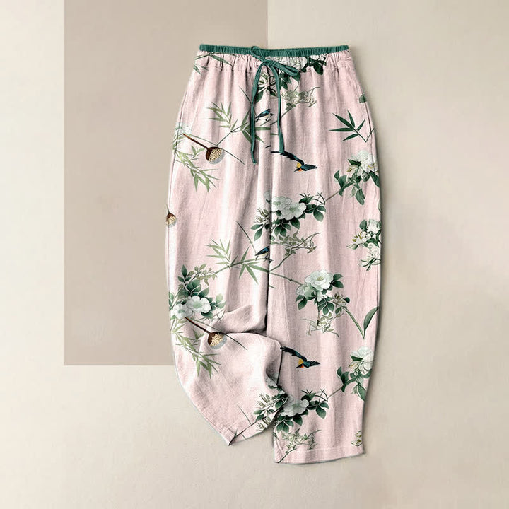 Buddha Stones Damenhose aus reiner Baumwolle mit Aquarellmuster aus Bambus, Blumen und Vögeln, elastischem Bund und Taschen - Hellrosa - US16, UK/AU20, EU48 (3XL) - image 3