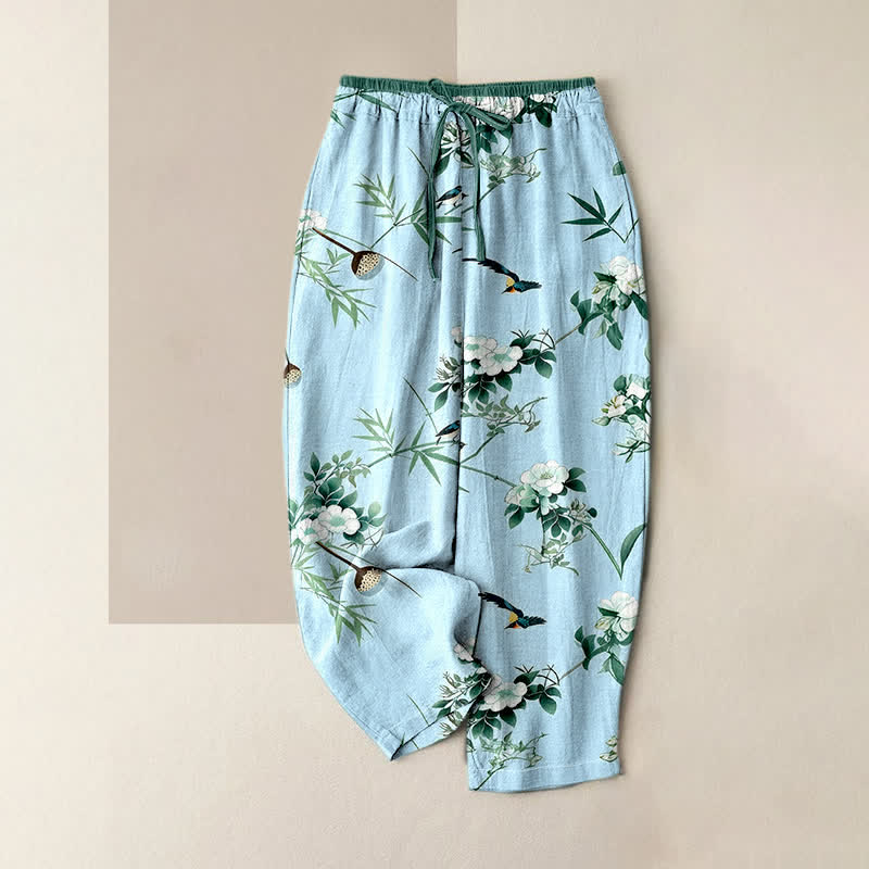 Buddha Stones Damenhose aus reiner Baumwolle mit Aquarellmuster aus Bambus, Blumen und Vögeln, elastischem Bund und Taschen - Hellblau - US16, UK/AU20, EU48 (3XL) - image 4